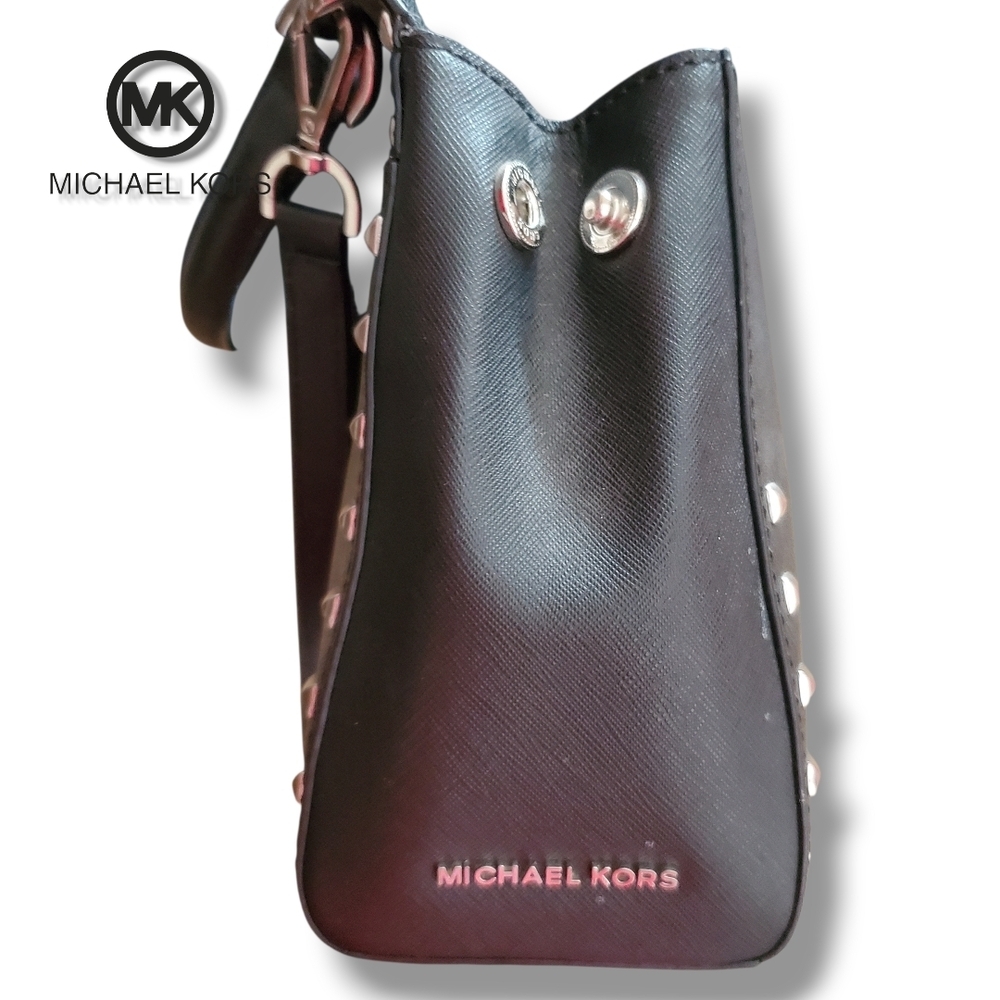 Michael KORS Black Saffiano Leather Top Handle Silver Studded Crossbody Satchel - Picture 7 of 17